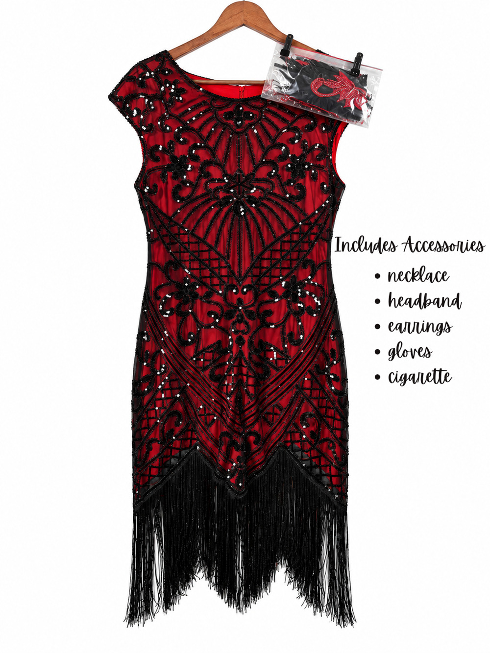 Gatsby Flapper Dress & Accessories Bundle Size XL Red Beaded 1920s